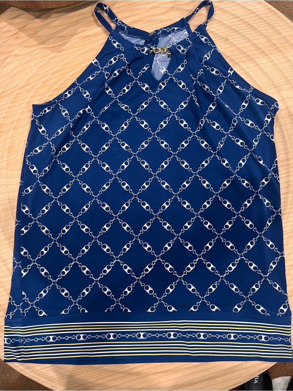 New York & Company Blue Tank Embellished Neck Gold Chain Top Women's Medium